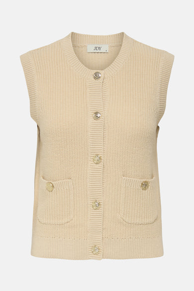 Beige gebreid hemdje van JDY, met geribbelde textuur en mouwloze pasvorm, achterkant.