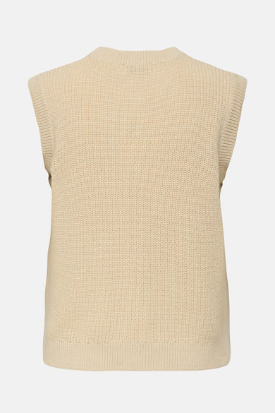 Débardeur beige en tricot par JDY, avec texture côtelée et coupe sans manches, vue de dos.
