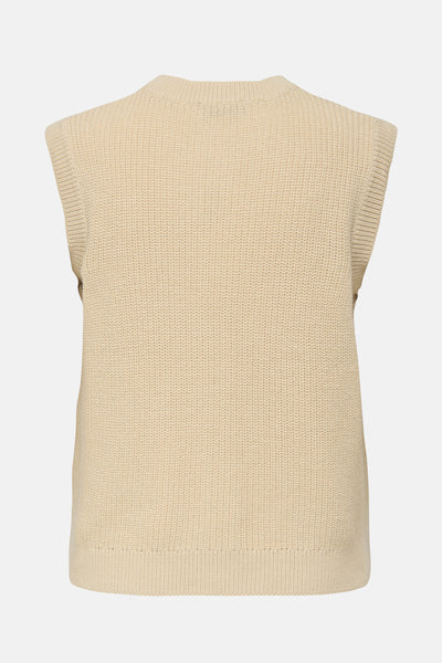 Débardeur beige en tricot par JDY, avec texture côtelée et coupe sans manches, vue de dos.
