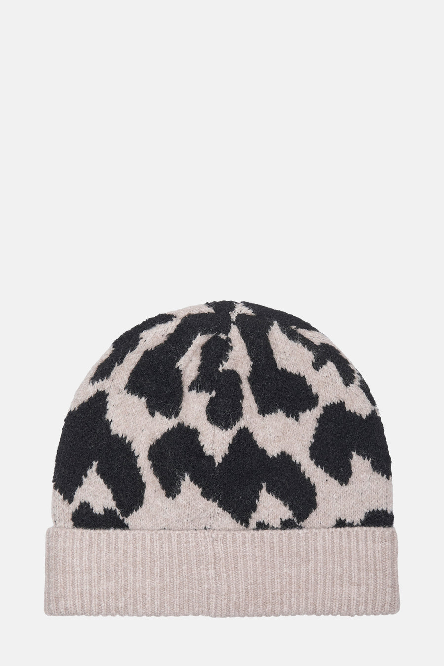 Bonnet multicolore de JDY, avec un motif tacheté noir et beige sur une texture tricotée.
