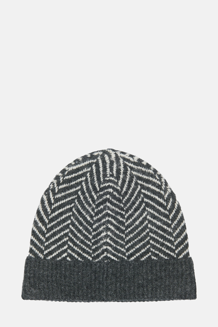 Bonnet gris à motifs chevrons, par JDY, avec une texture tricotée et un revers uni.