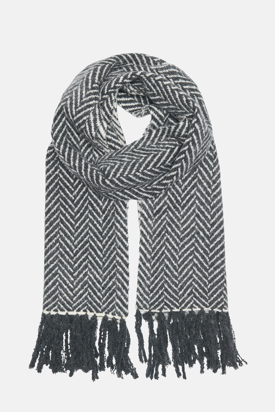 Écharpe grise à chevrons par JDY, avec des franges grises à chaque extrémité.
