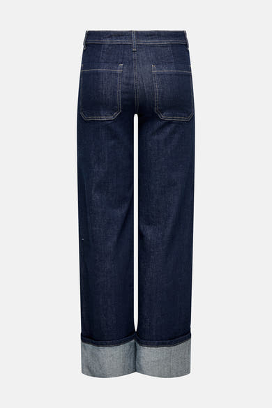 Wijde jeans in donkerblauw denim van JDY, achterkant met opgerolde zomen.