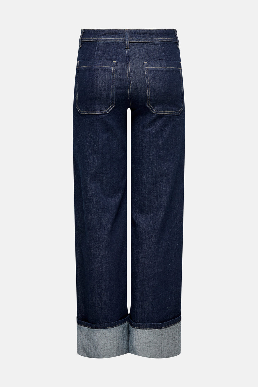 Wijde jeans in donkerblauw denim van JDY, achterkant met opgerolde zomen.
