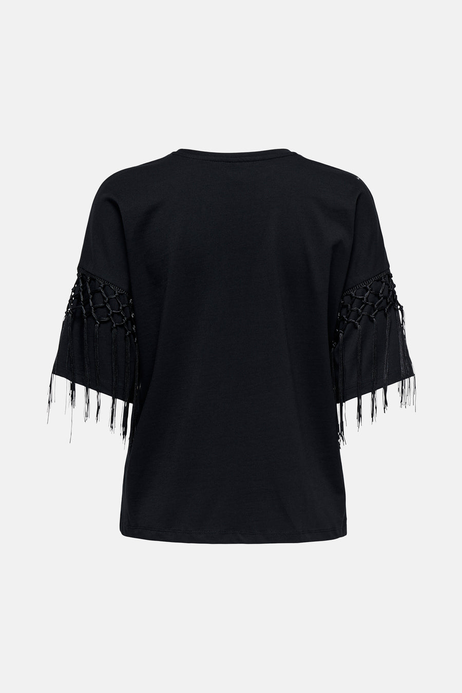 Zwart T-shirt van ONLY, met macramédetails en franjes aan de mouwen.