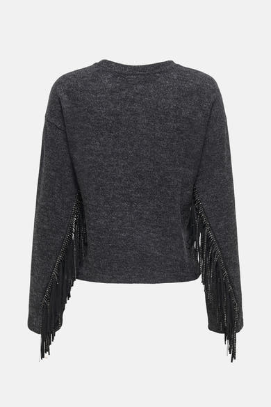 Pull à col rond gris chiné de ONLY, orné de franges cloutées le long des manches.
