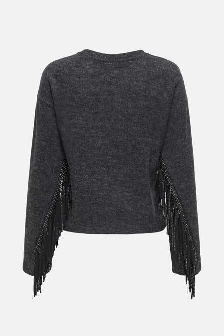 Pull à col rond gris chiné de ONLY, orné de franges cloutées le long des manches.
