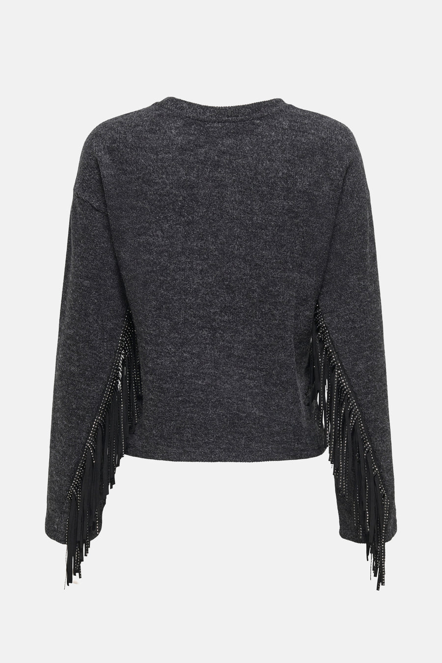 Pull à col rond gris chiné de ONLY, orné de franges cloutées le long des manches.
