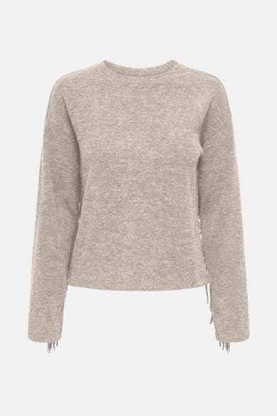 Beige ronde hals trui van ONLY, versierd met decoratieve franjes op de mouwen, achterzijde.