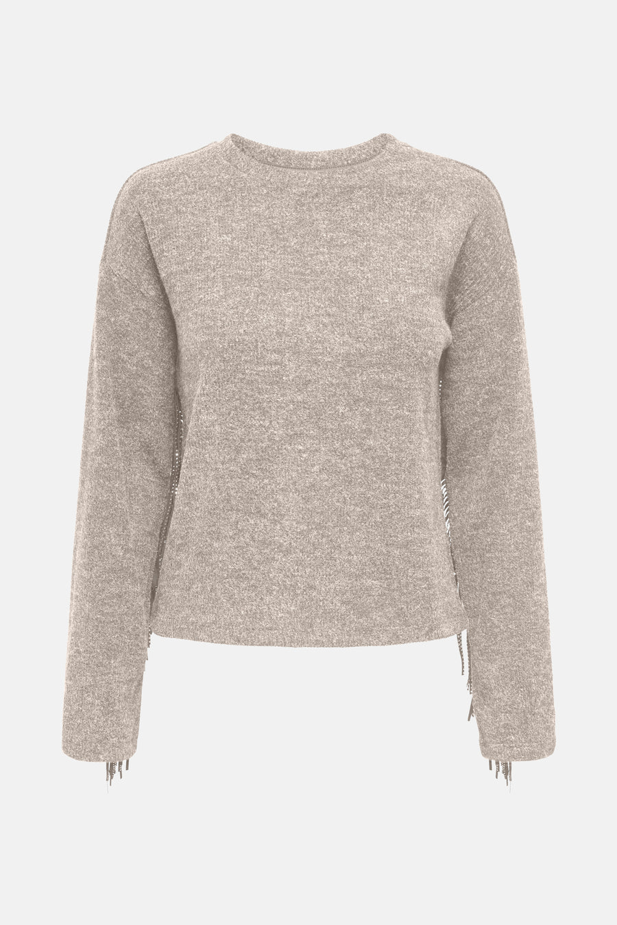 Beige ronde hals trui van ONLY, versierd met decoratieve franjes op de mouwen, achterzijde.