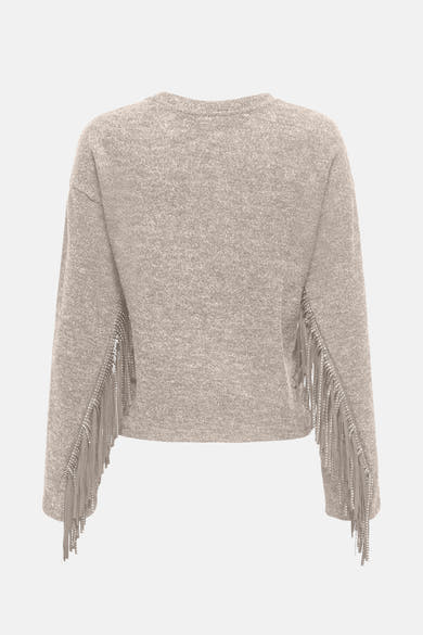 Pull à col rond beige de ONLY, orné de franges décoratives sur les manches, vue de dos.
