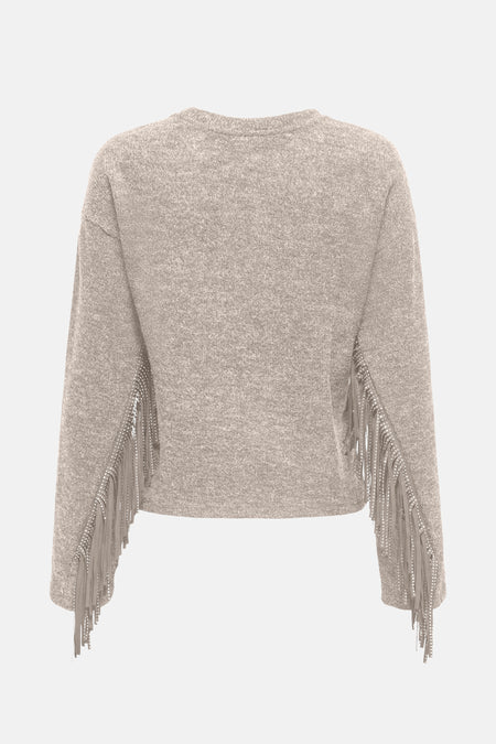 Pull à col rond beige de ONLY, orné de franges décoratives sur les manches, vue de dos.
