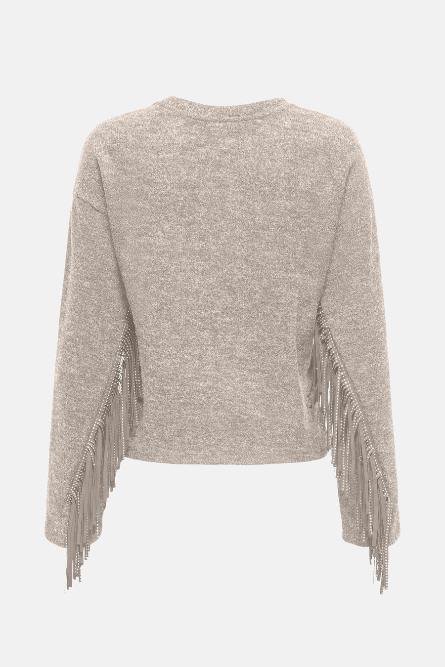 Pull à col rond beige de ONLY, orné de franges décoratives sur les manches, vue de dos.
