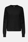 Zwarte rondehals sweatshirt van JDY met bloemenpatroon uitgesneden details op de mouwen, achterzijde.