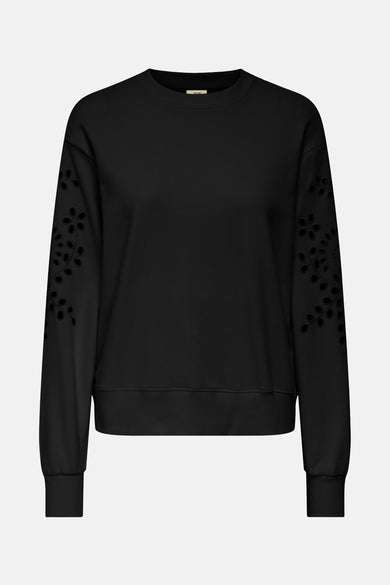 Sweat col rond noir de JDY avec manches longues brodées de motifs floraux ajourés.