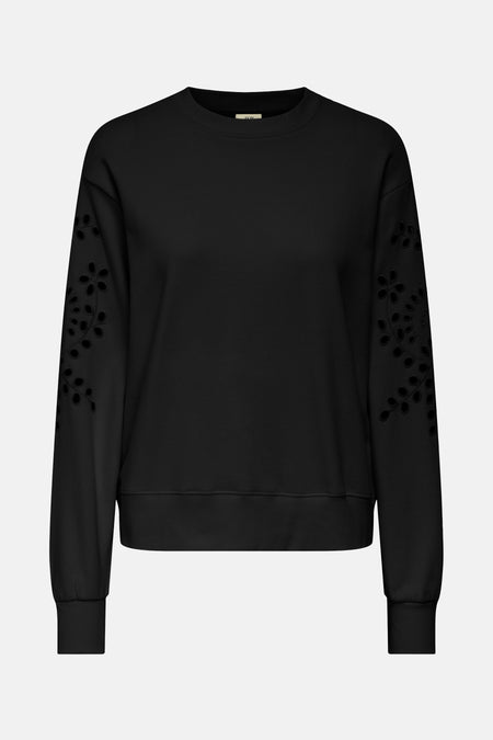 Zwarte rondehals sweatshirt van JDY met bloemenpatroon uitgesneden details op de mouwen, achterzijde.