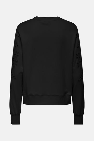 Sweat col rond noir de JDY avec des détails ajourés floraux sur les manches, vue arrière.
