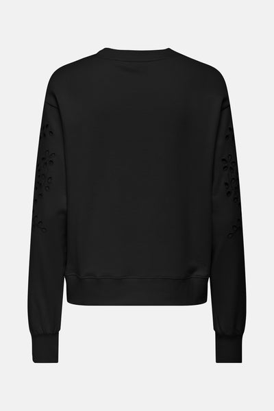 Sweat col rond noir de JDY avec des détails ajourés floraux sur les manches, vue arrière.
