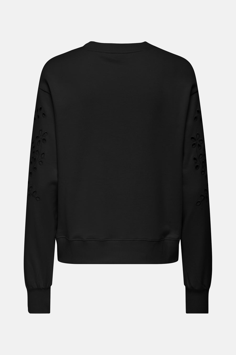 Sweat col rond noir de JDY avec des détails ajourés floraux sur les manches, vue arrière.
