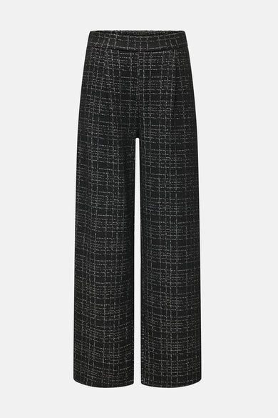 Zwarte broek van JDY, geruit met elastische tailleband, losse pasvorm op een neutrale achtergrond.