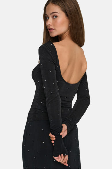 Zwart T-shirt met lange mouwen van JDY met glitterdetails en een halternek.