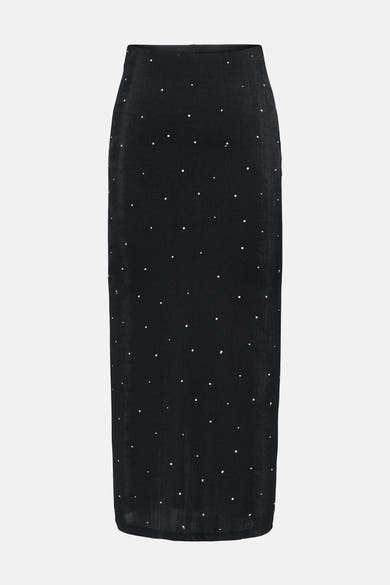 Jupe longue noire de JDY, ornée de petits pois blancs, coupe droite et tissu légèrement texturé.
