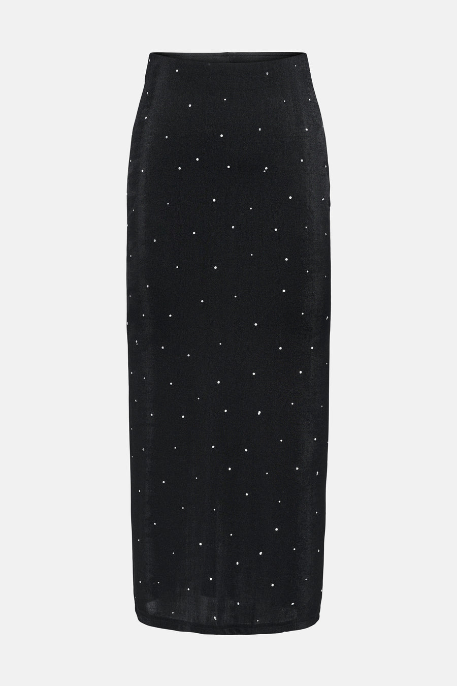 Jupe longue noire de JDY, ornée de petits pois blancs, coupe droite et tissu légèrement texturé.
