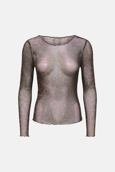 T-shirt JDY à manches longues en mesh transparent à motif léopard, vue de face