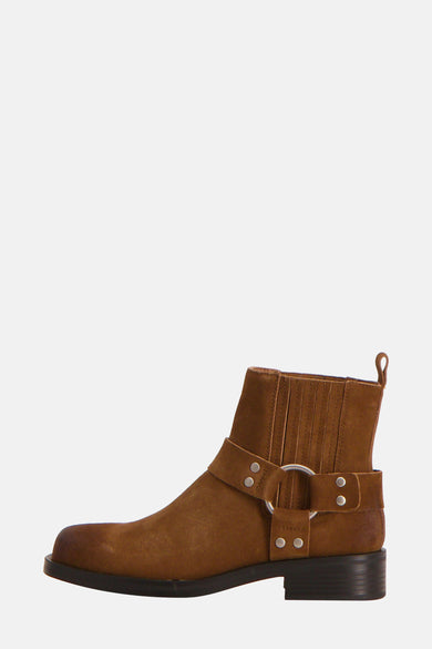 Bottines marron en daim de ONLY, avec une bride à boucle et des détails de rivets.