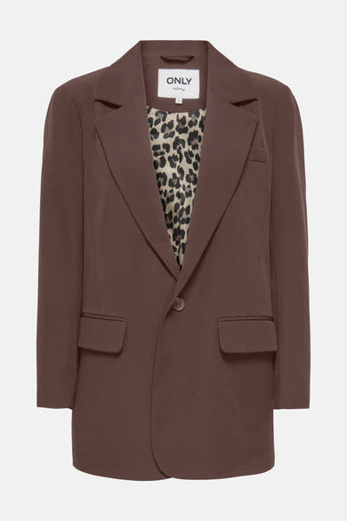 Blazer brun à un bouton par ONLY®, avec doublure léopard, poches plaquées, vue de face