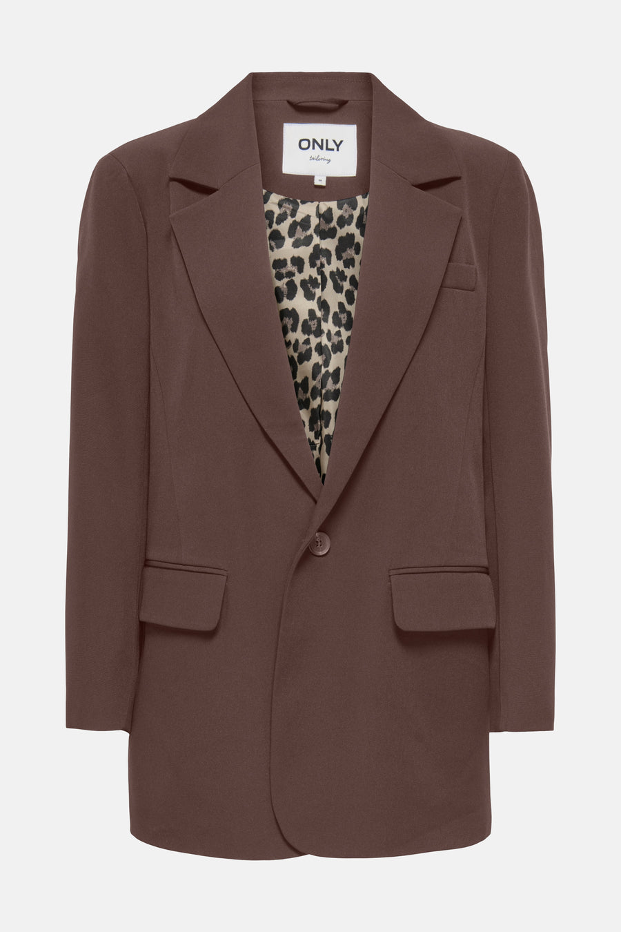 Blazer brun à un bouton par ONLY®, avec doublure léopard, poches plaquées, vue de face