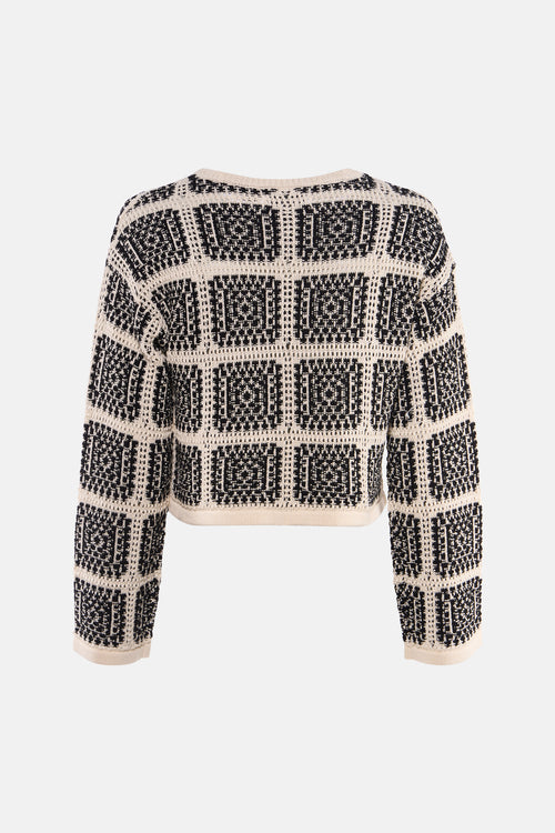 Gilet multicolore par ONLY®, motif à carreaux façon patchwork en maille crochetée.