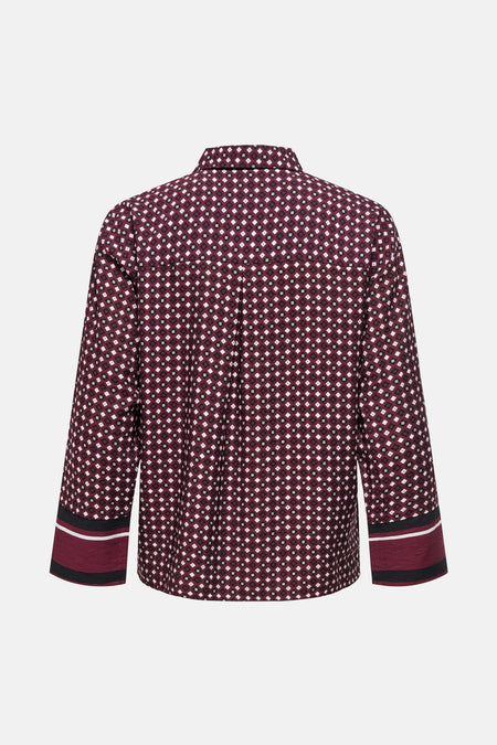 Bordeaux blouse met lange mouwen van JDY, ruitpatroon en gestreepte manchetten, achterzicht.
