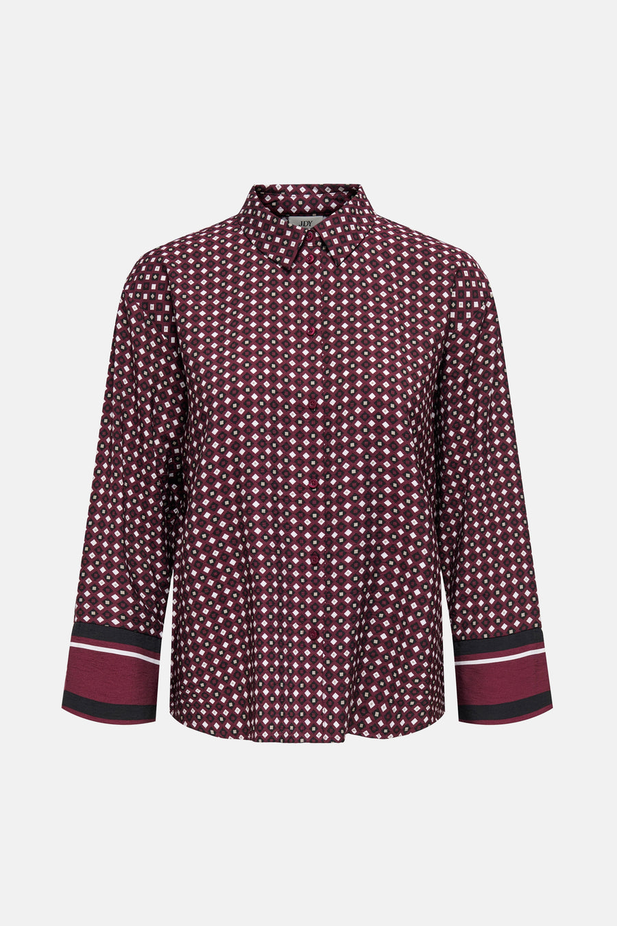 Bordeaux blouse met lange mouwen van JDY, met ruitpatroon en gestreepte details op de manchetten.