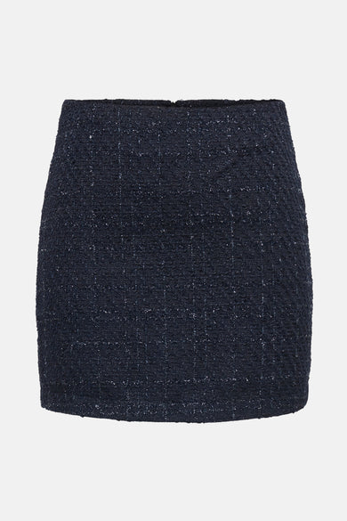 Donkerblauwe korte rok van JDY, in geruite tweed met ritssluiting aan de achterkant.