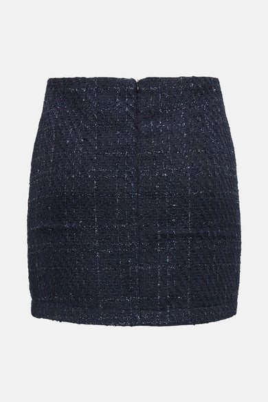 Jupe courte bleu foncé de JDY, en tweed à motif quadrillé avec fermeture éclair à l'arrière.
