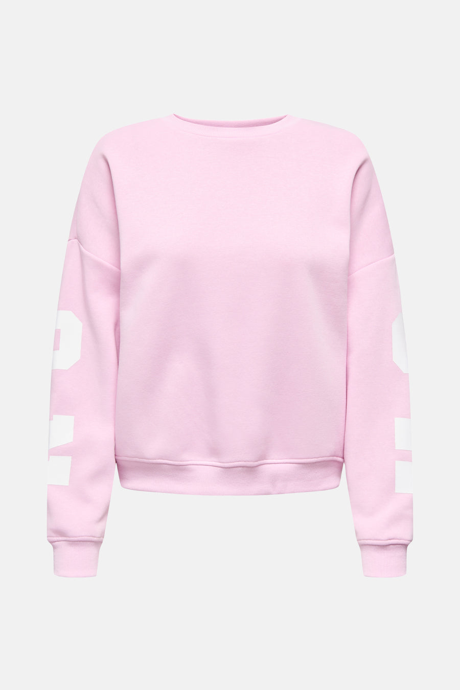 Sweat-shirt rose encolure ronde de ONLY, avec un motif de lettres blanches sur les manches.