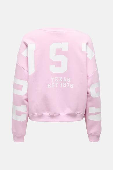 Sweat rose col rond de ONLY, avec imprimé texte blanc au dos et sur les manches.
