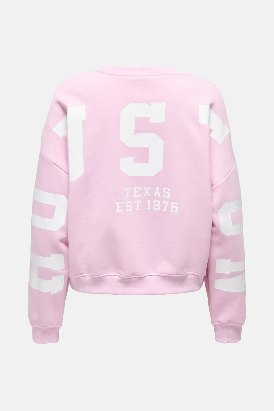 Sweat rose col rond de ONLY, avec imprimé texte blanc au dos et sur les manches.

