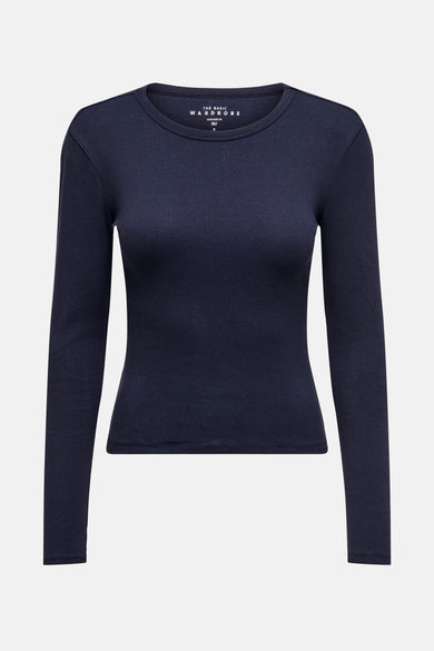 Navyblauw T-shirt met lange mouwen van ONLY, in ribgebreide stof, achterzijde.