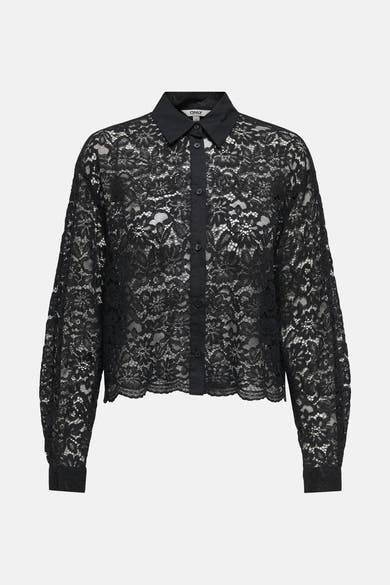 Zwarte kanten blouse van ONLY, met klassieke kraag en lange pofmouwen.