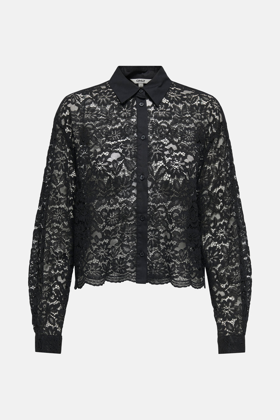 Zwarte kanten blouse van ONLY, met klassieke kraag en lange pofmouwen.