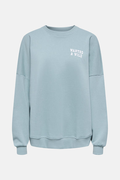 Blauwe sweater van ONLY®, met de tekst "WANTED & WILD" in het wit op de voorkant.