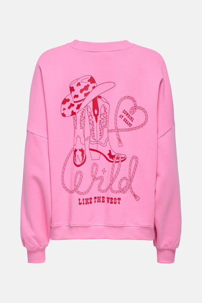 Sweat rose col rond de ONLY, orné d'un motif cowgirl chapeau et bottes rouges au dos.
