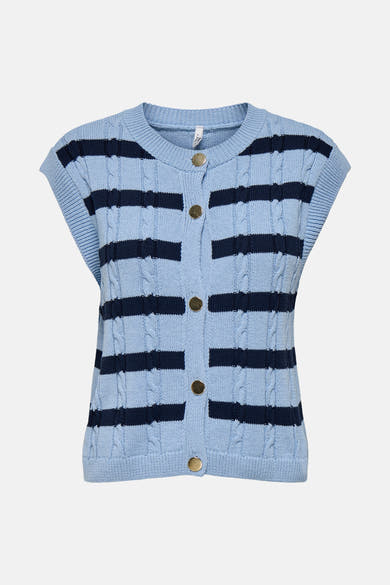 Blauwe gestreepte bodywarmer van ONLY, in kabelgebreid met marineblauwe strepen.