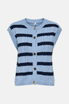 Blauwe gestreepte bodywarmer van ONLY, in kabelgebreid met marineblauwe strepen.