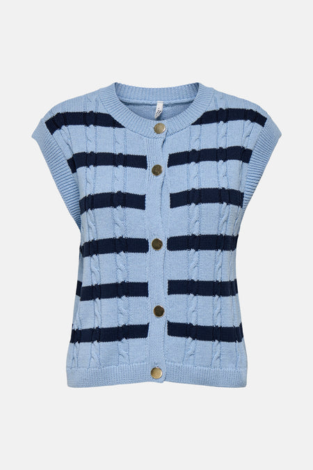 Blauwe gestreepte bodywarmer van ONLY, in kabelgebreid met marineblauwe strepen.