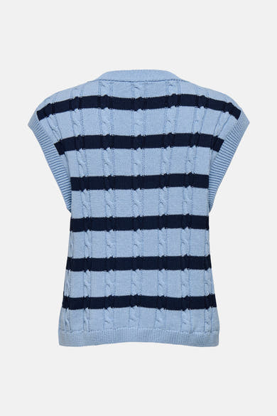 Gilet bleu rayé de ONLY, en tricot torsadé avec des rayures bleu marine.