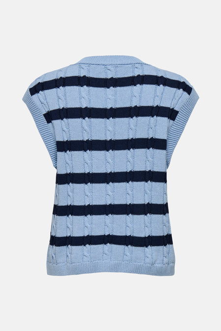 Gilet bleu rayé de ONLY, en tricot torsadé avec des rayures bleu marine.