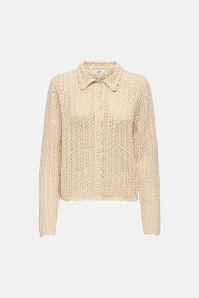 Cardigan écru en maille ajourée par JDY, avec col classique et fermeture boutonnée.